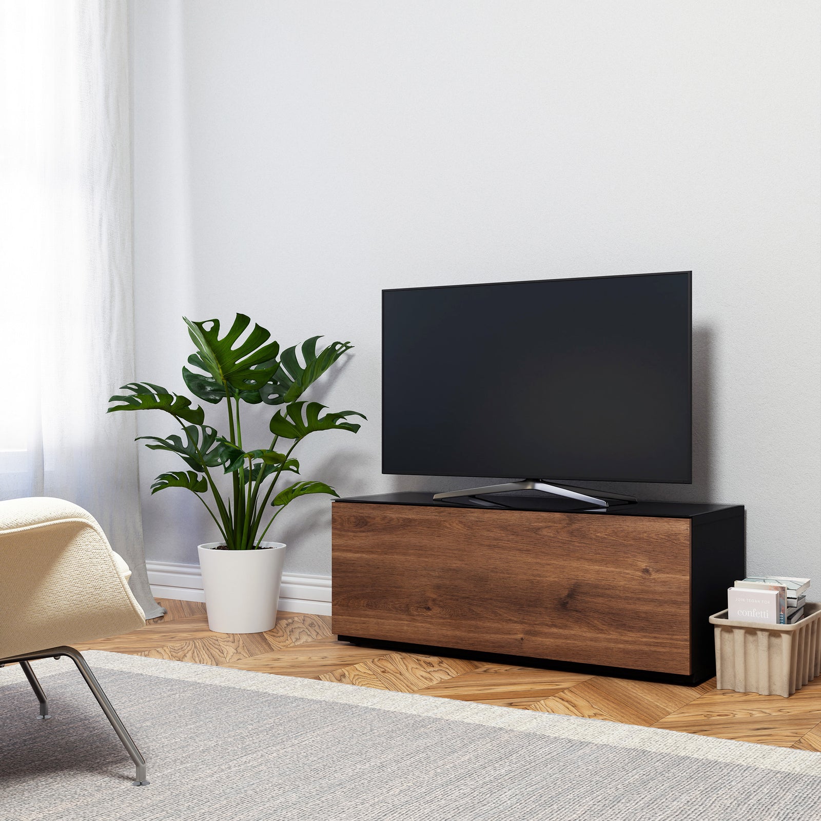 Sonorous Studio ST110 Modern TV Stand w/ Hidden Wheels for TVs up to 65" - Black /  Walnut Wood Cover