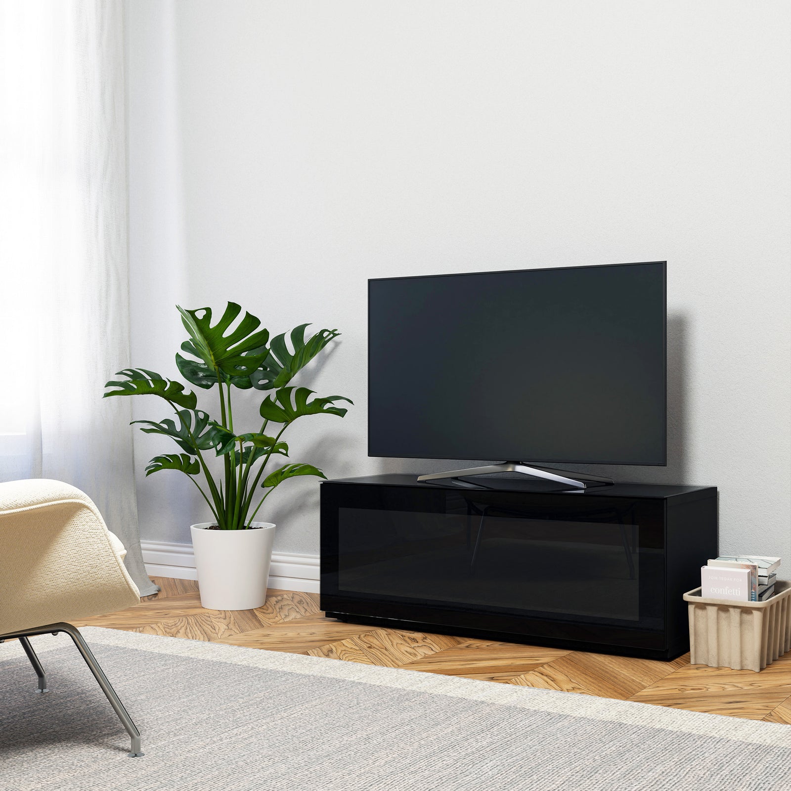 Sonorous Studio ST110 Modern TV Stand w/ Hidden Wheels for TVs up to 65" - Black / Black Glass Cover