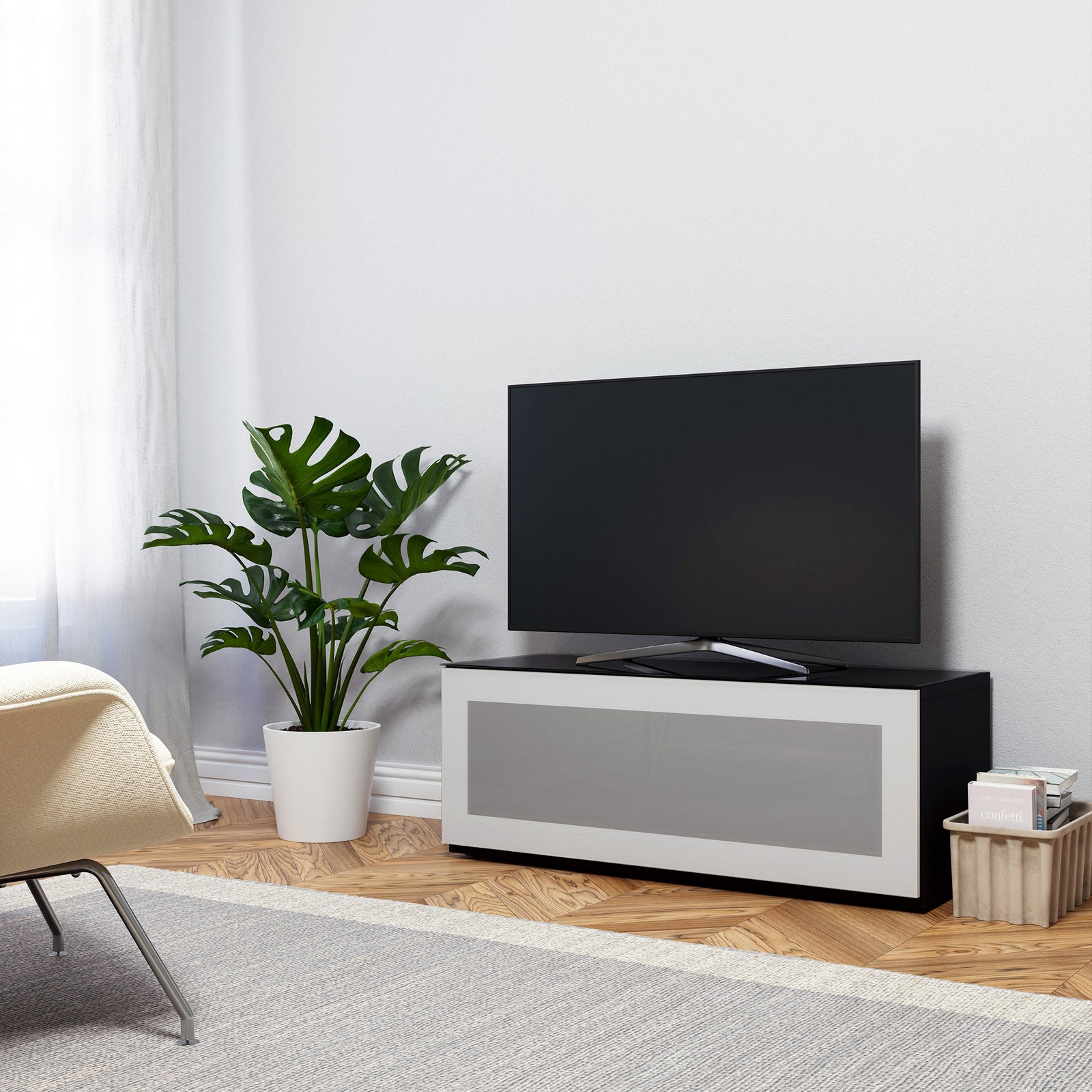 Sonorous Studio ST110 Modern TV Stand w/ Hidden Wheels for TVs up to 65" - Black / White Glass Cover