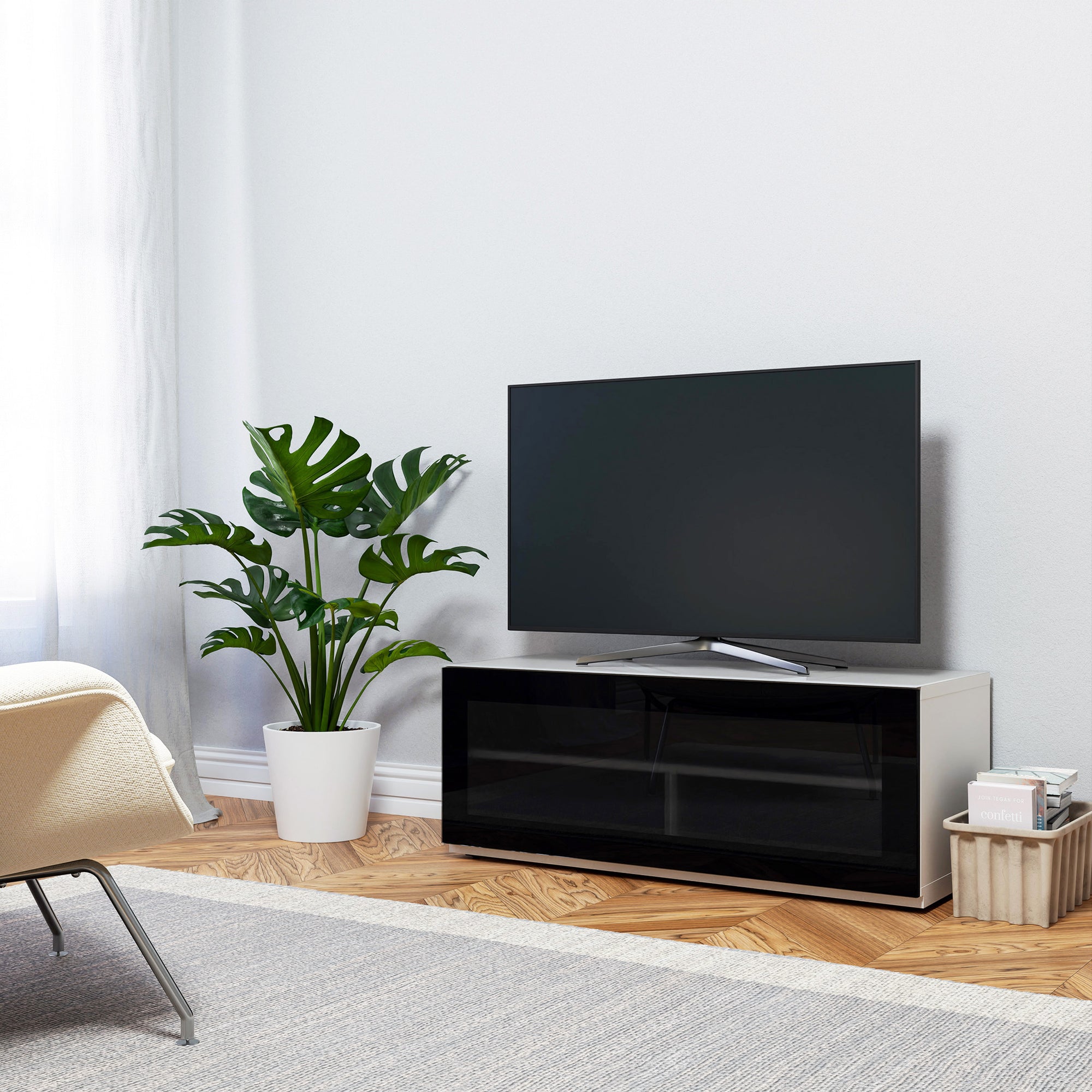 Sonorous Studio ST110 Modern TV Stand w/ Hidden Wheels for TVs up to 65" - White / Black Glass Cover