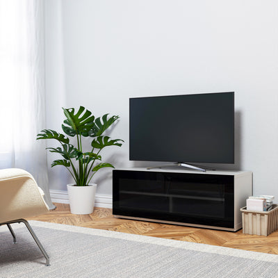 Sonorous Studio ST110 Modern TV Stand w/ Hidden Wheels for TVs up to 65" - White / Black Glass Cover