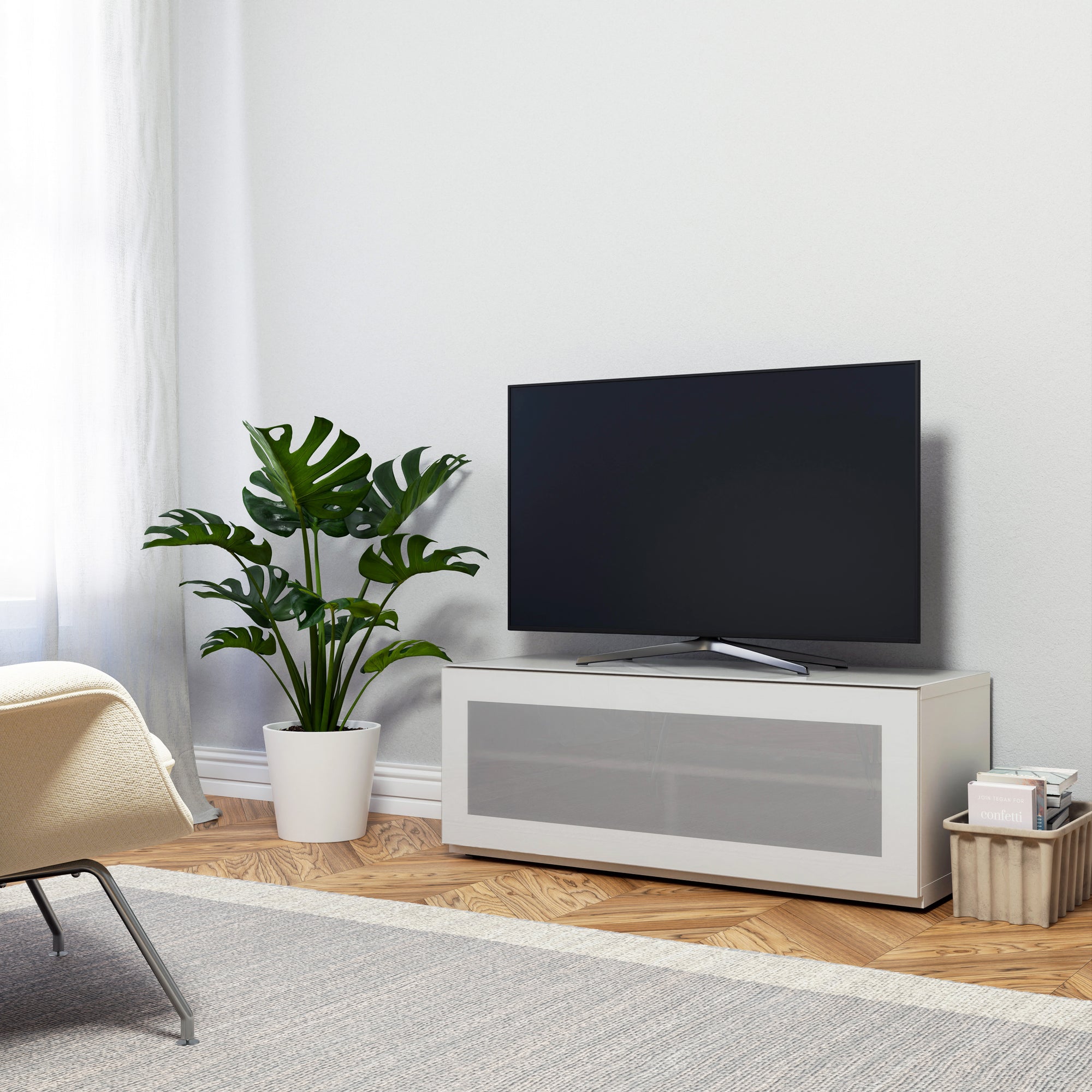 Sonorous Studio ST110 Modern TV Stand w/ Hidden Wheels for TVs up to 65" - White / White Glass Cover