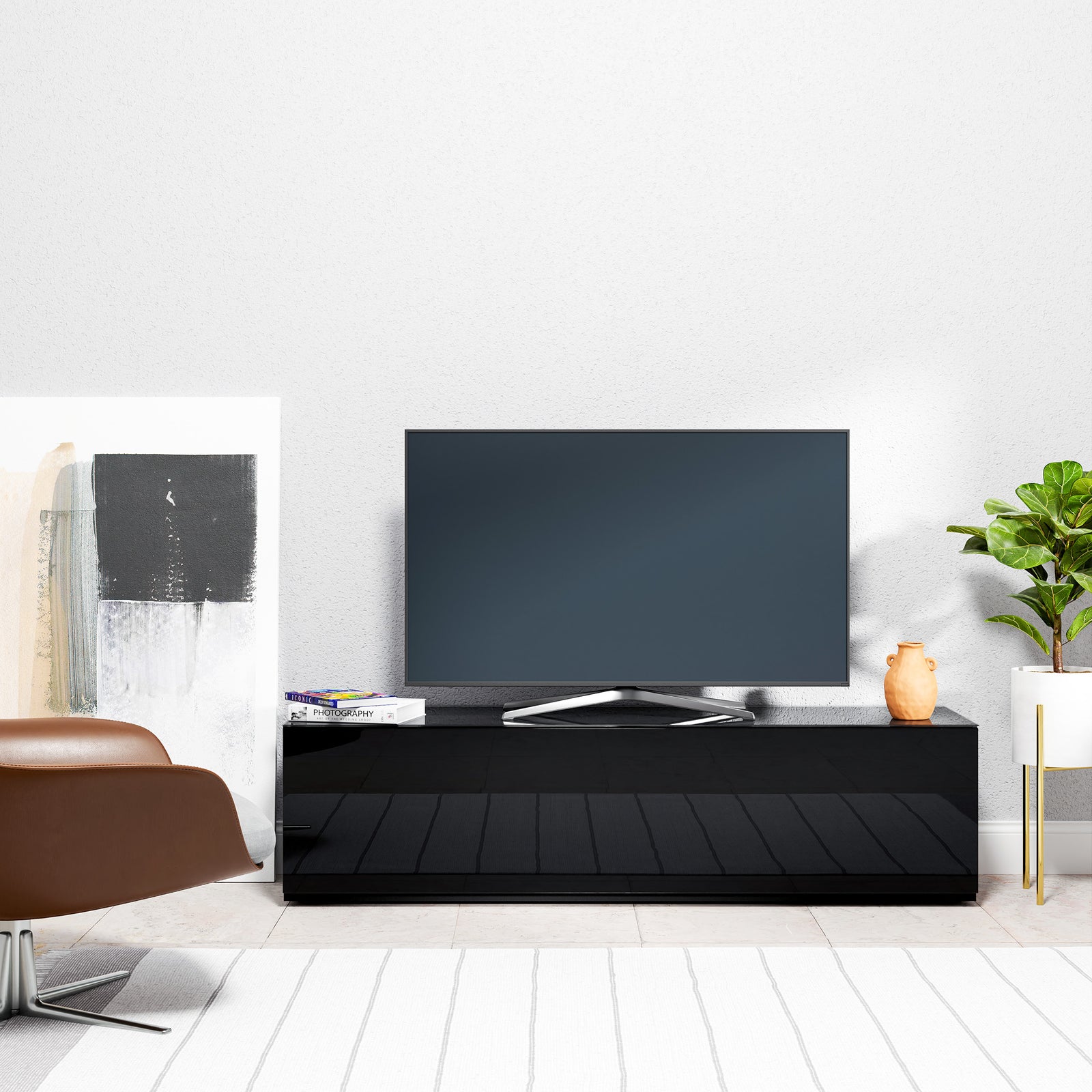 Sonorous Studio ST160 Modern TV Stand w/ Hidden Wheels for TVs up to 75" - Black / Black Wood Cover