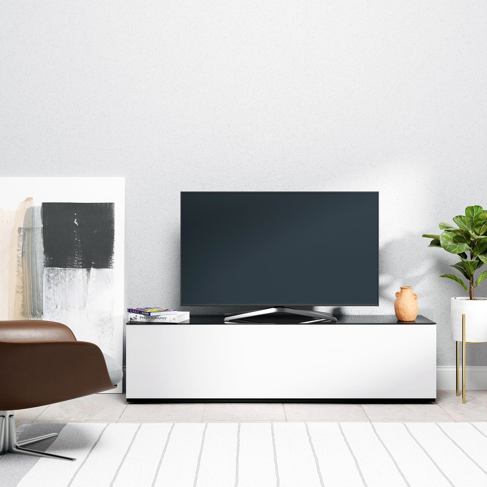 Sonorous Studio ST160 Modern TV Stand w/ Hidden Wheels for TVs up to 75" - Black / White Wood Cover