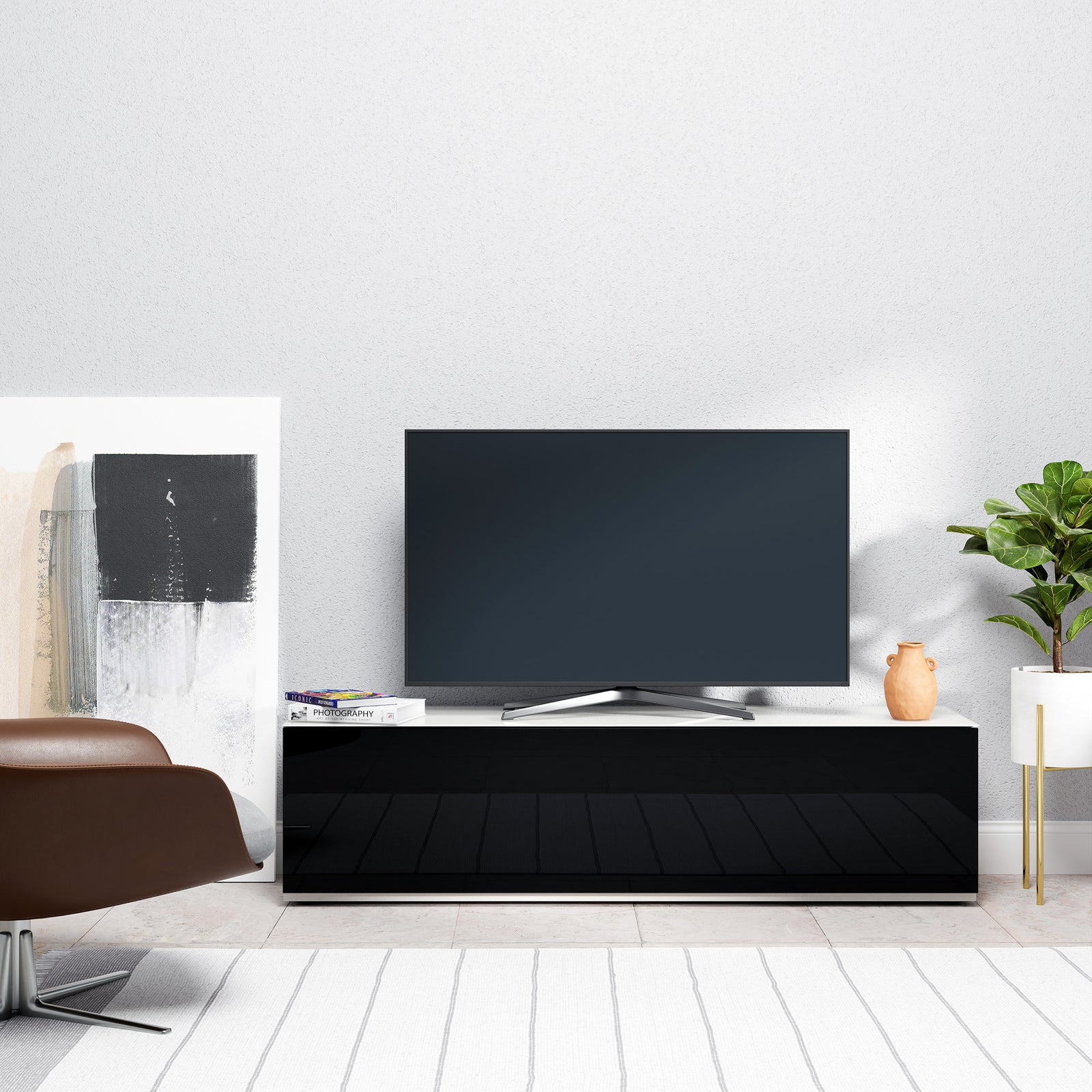 Sonorous Studio ST160 Modern TV Stand w/ Hidden Wheels for TVs up to 75" - White / Black Wood Cover