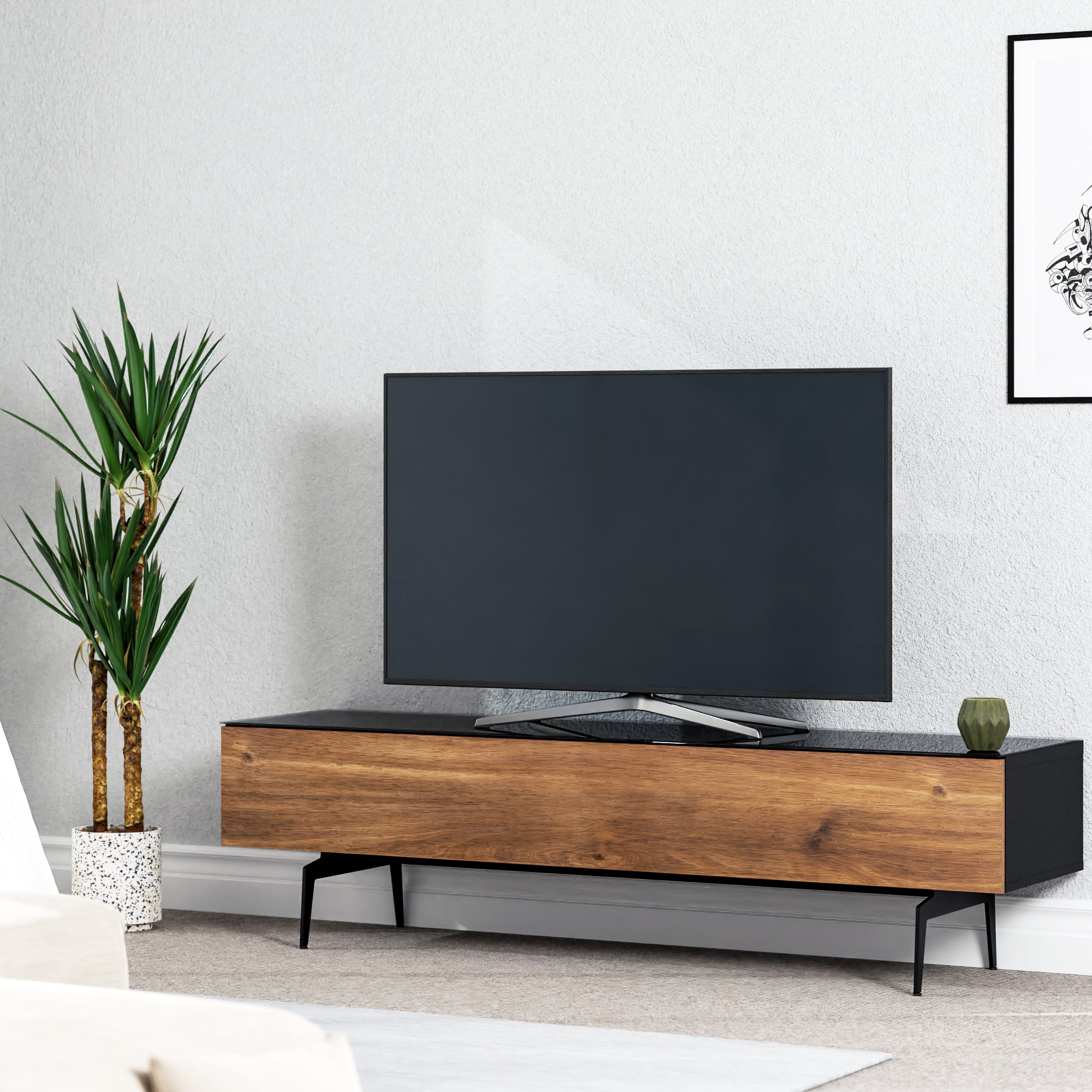 Sonorous Studio ST360 Modern TV Stand w/ Spike Legs for TVs up to 75" - Black / Walnut Wood Cover