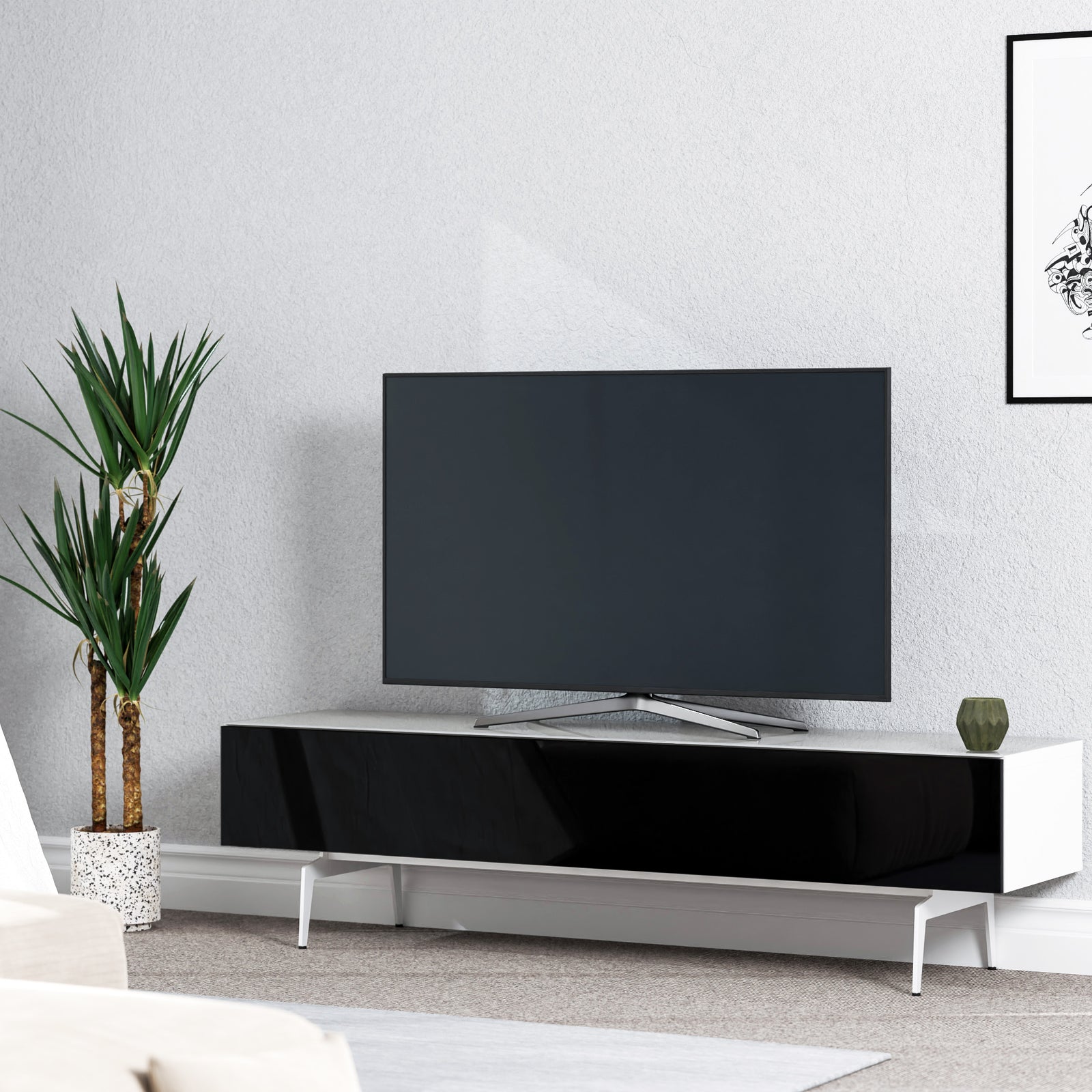 Sonorous Studio ST360 Modern TV Stand w/ Spike Legs for TVs up to 75" - White / Black Wood Cover