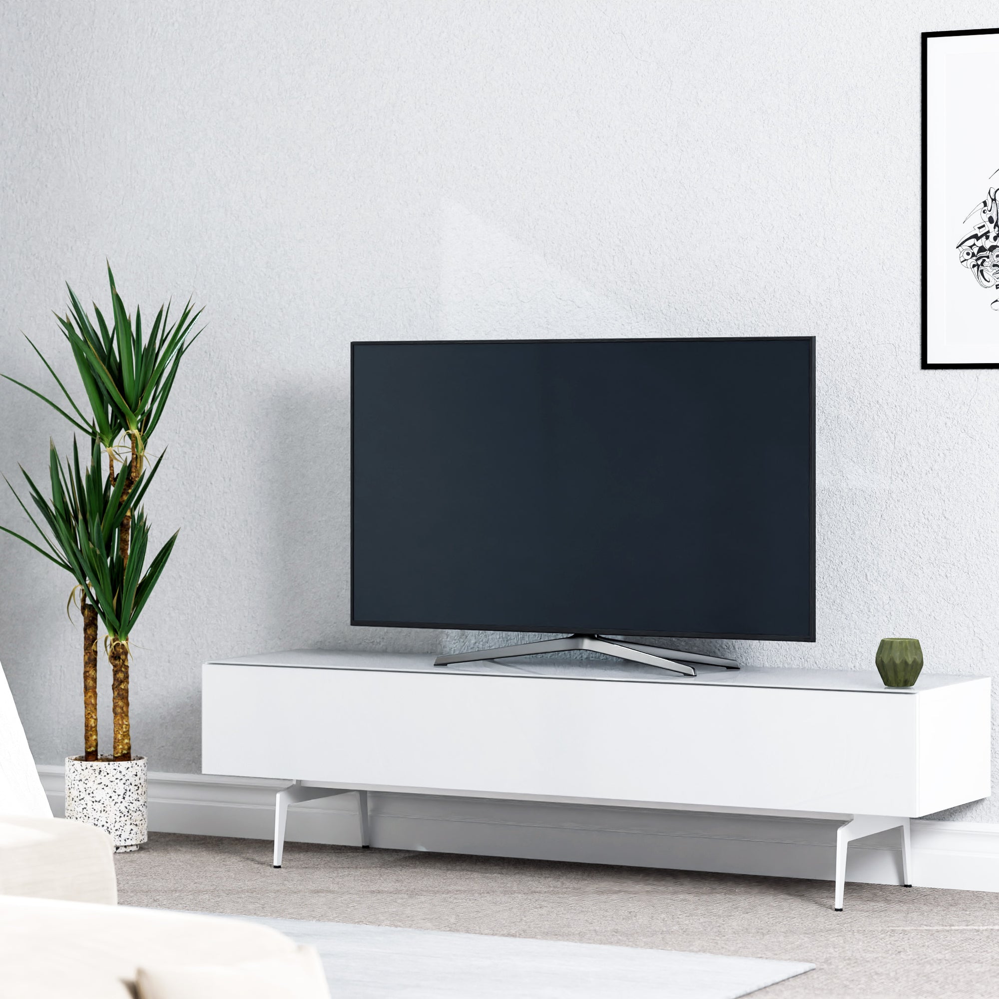Sonorous Studio ST360 Modern TV Stand w/ Spike Legs for TVs up to 75" - White / White Wood Cover