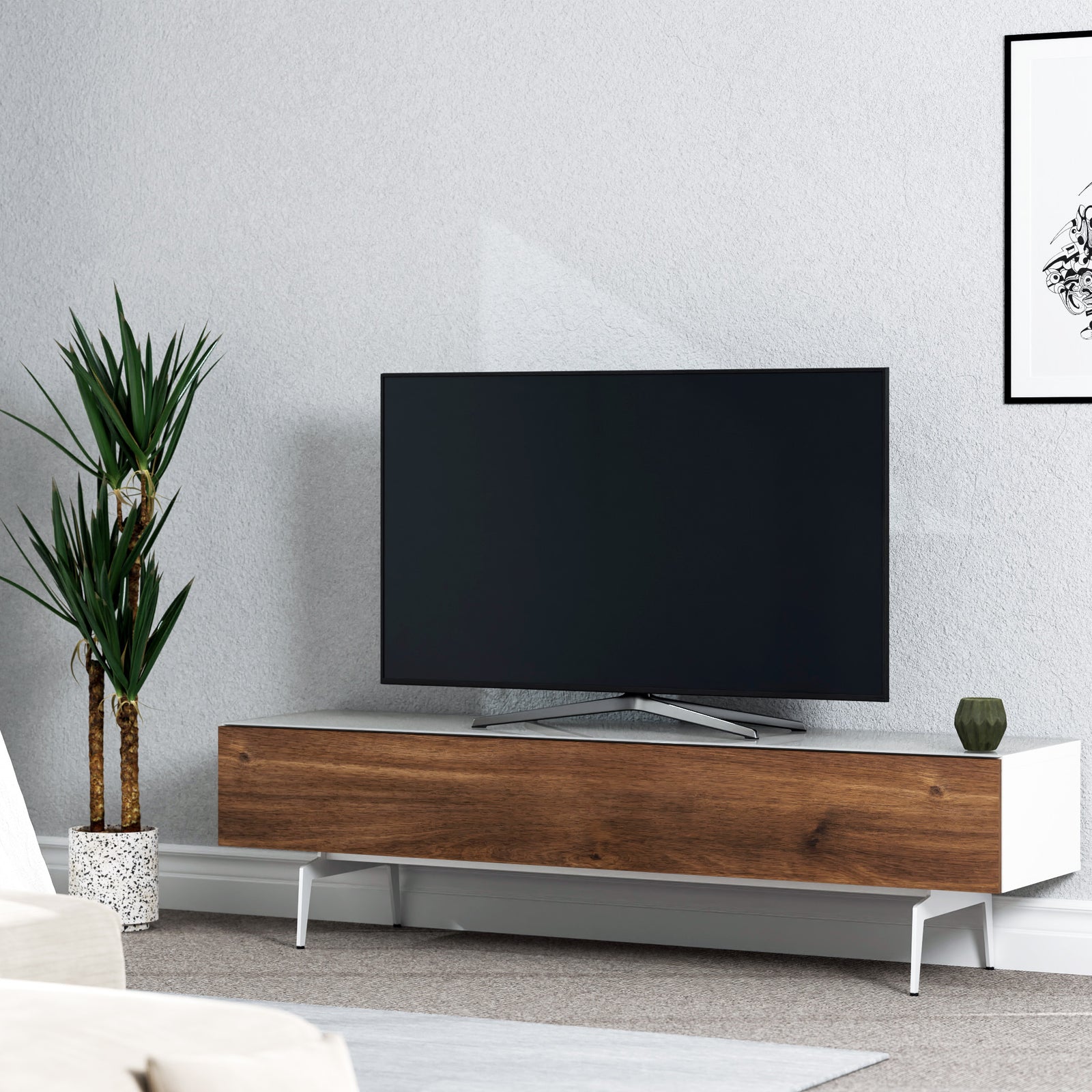 Sonorous Studio ST360 Modern TV Stand w/ Spike Legs for TVs up to 75" - White / Walnut Wood Cover