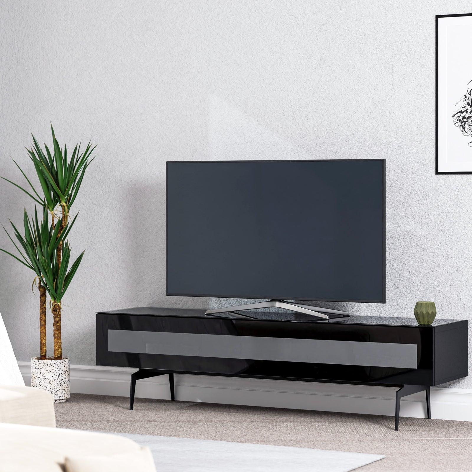 Sonorous Studio ST360 Modern TV Stand w/ Spike Legs for TVs up to 75" - Black / Black Glass Cover