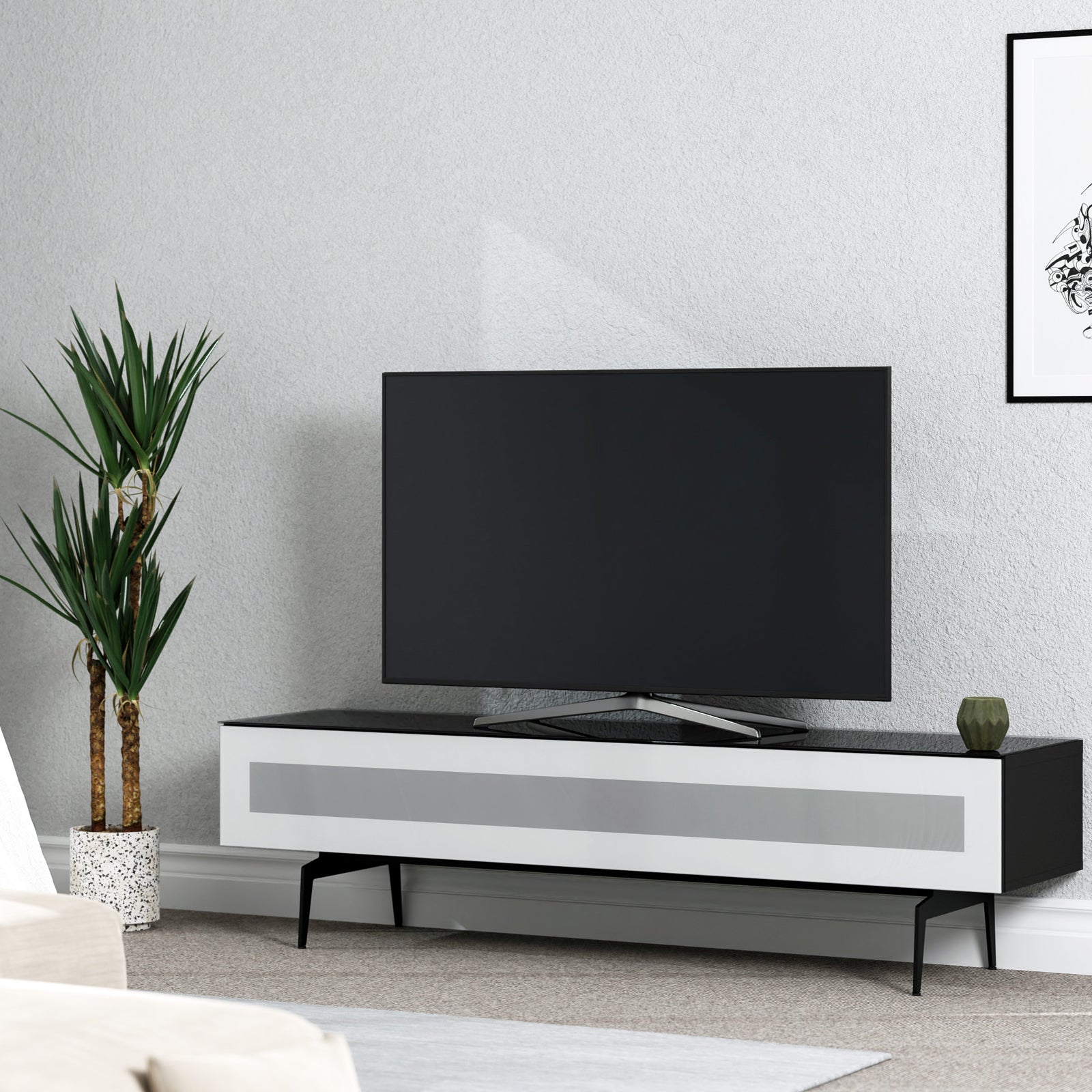Sonorous Studio ST360 Modern TV Stand w/ Spike Legs for TVs up to 75" - Black / White Glass Cover