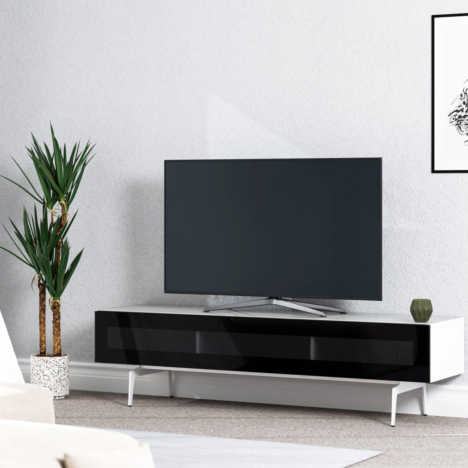 Sonorous Studio ST360 Modern TV Stand w/ Spike Legs for TVs up to 75" - White / Black Glass Cover
