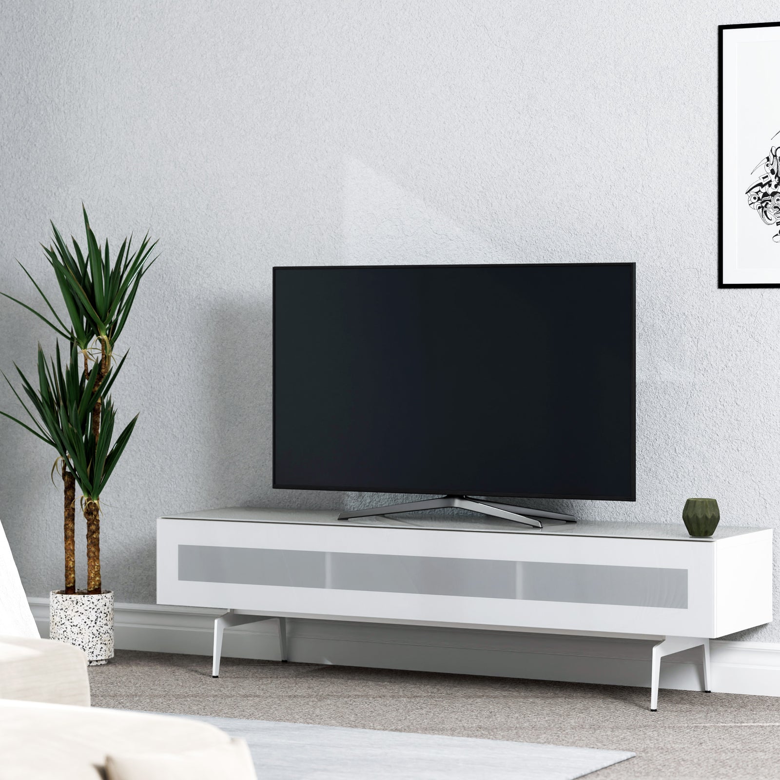 Sonorous Studio ST360 Modern TV Stand w/ Spike Legs for TVs up to 75" - White / White Glass Cover