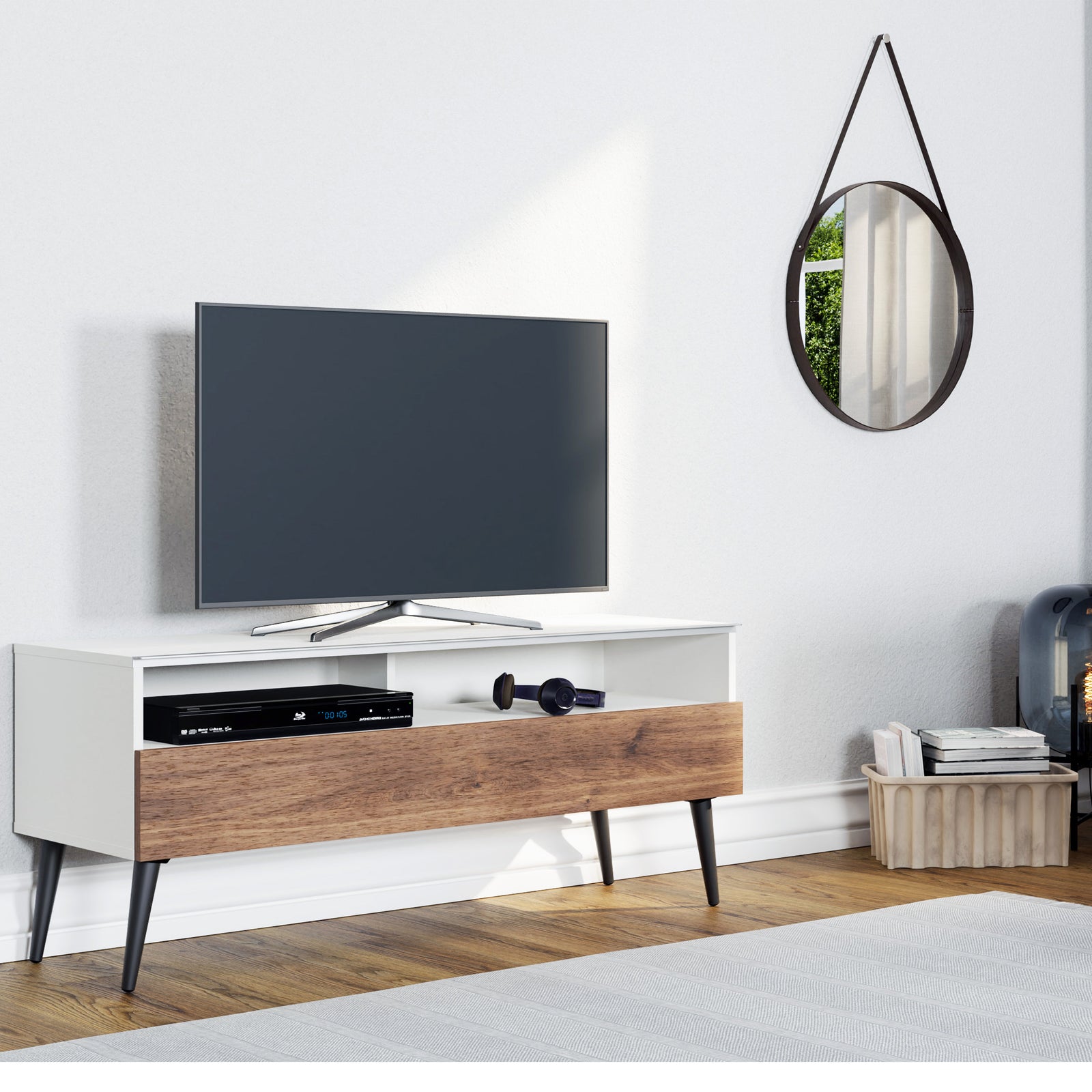 Sonorous VL1200 Series Modern TV Stand w/ Wood Legs for TVs up to 65" - White Cabinet / Walnut Cover