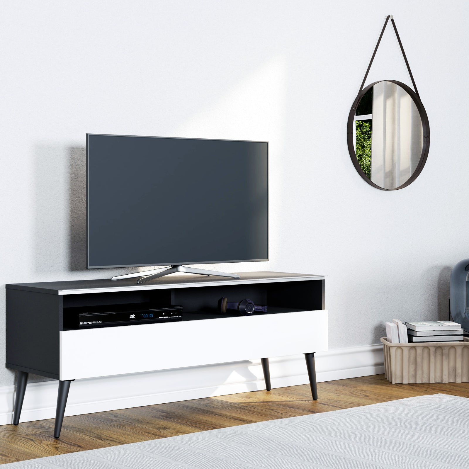 Sonorous VL1200 Series Modern TV Stand w/ Wood Legs for TVs up to 65" - Black Cabinet / White Cover