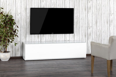 Sonorous Studio ST160 Modern TV Stand w/ Hidden Wheels for TVs up to 75" - White / White Wood Cover