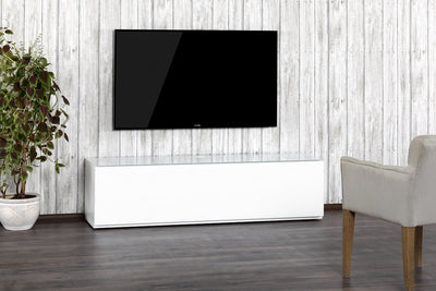 Sonorous Studio ST160 Modern TV Stand w/ Hidden Wheels for TVs up to 75" - White / Walnut Wood Cover