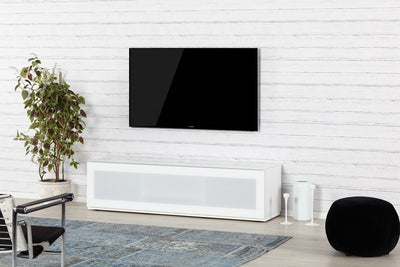 Sonorous Studio ST160 Modern TV Stand w/ Hidden Wheels for TVs up to 75" - White / Black Glass Cover