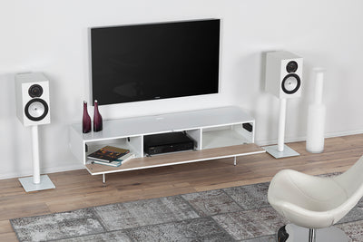 Sonorous Studio ST360 Modern TV Stand w/ Spike Legs for TVs up to 75" - White / White Wood Cover